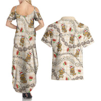 Beige Palaka Hawaii Mele Kalikimaka Couples Matching Summer Maxi Dress and Hawaiian Shirt Ohia Lehua Shell Leis Funny Gingerbread Santa LT14 - Polynesian Pride
