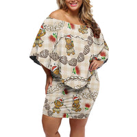 Beige Palaka Hawaii Mele Kalikimaka Family Matching Off Shoulder Short Dress and Hawaiian Shirt Ohia Lehua Shell Leis Funny Gingerbread Santa LT14 Beige - Polynesian Pride