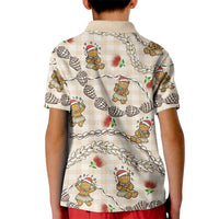 Beige Palaka Hawaii Mele Kalikimaka Kid Polo Shirt Ohia Lehua Shell Leis Funny Gingerbread Santa LT14 - Polynesian Pride