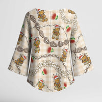 Beige Palaka Hawaii Mele Kalikimaka Kimono Sleeve Blouse Ohia Lehua Shell Leis Funny Gingerbread Santa LT14 - Polynesian Pride