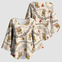 Beige Palaka Hawaii Mele Kalikimaka Kimono Sleeve Blouse Ohia Lehua Shell Leis Funny Gingerbread Santa LT14 - Polynesian Pride
