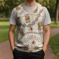 Beige Palaka Hawaii Mele Kalikimaka Christmas Knitted V-Neck Vest Ohia Lehua Shell Leis Funny Gingerbread Santa LT14 - Polynesian Pride