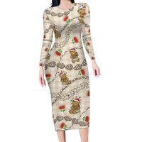 Beige Palaka Hawaii Mele Kalikimaka Long Sleeve Bodycon Dress Ohia Lehua Shell Leis Funny Gingerbread Santa LT14 Long Dress Beige - Polynesian Pride