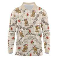 Beige Palaka Hawaii Mele Kalikimaka Long Sleeve Polo Shirt Ohia Lehua Shell Leis Funny Gingerbread Santa LT14 Beige - Polynesian Pride