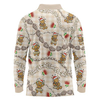 Beige Palaka Hawaii Mele Kalikimaka Long Sleeve Polo Shirt Ohia Lehua Shell Leis Funny Gingerbread Santa LT14 - Polynesian Pride