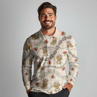 Beige Palaka Hawaii Mele Kalikimaka Long Sleeve Polo Shirt Ohia Lehua Shell Leis Funny Gingerbread Santa LT14 - Polynesian Pride