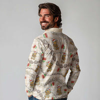 Beige Palaka Hawaii Mele Kalikimaka Long Sleeve Polo Shirt Ohia Lehua Shell Leis Funny Gingerbread Santa LT14 - Polynesian Pride