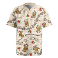 Beige Palaka Hawaii Mele Kalikimaka Rugby Jersey Ohia Lehua Shell Leis Funny Gingerbread Santa - Polynesian Pride