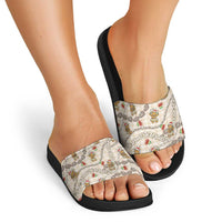 Beige Palaka Hawaii Mele Kalikimaka Slide Sandals Ohia Lehua Shell Leis Funny Gingerbread Santa - Polynesian Pride