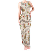 Beige Palaka Hawaii Mele Kalikimaka Tank Maxi Dress Ohia Lehua Shell Leis Funny Gingerbread Santa LT14 Women Beige - Polynesian Pride