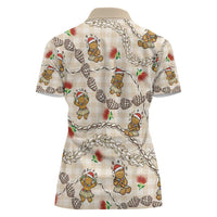 Beige Palaka Hawaii Mele Kalikimaka Women Polo Shirt Ohia Lehua Shell Leis Funny Gingerbread Santa LT14 - Polynesian Pride