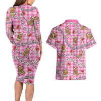 Pink Palaka Hawaii Mele Kalikimaka Couples Matching Long Sleeve Bodycon Dress and Hawaiian Shirt Ohia Lehua Shell Leis Funny Gingerbread Santa LT14 - Polynesian Pride