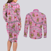 Pink Palaka Hawaii Mele Kalikimaka Couples Matching Long Sleeve Bodycon Dress and Long Sleeve Button Shirt Ohia Lehua Shell Leis Funny Gingerbread Santa LT14 - Polynesian Pride