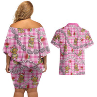 Pink Palaka Hawaii Mele Kalikimaka Couples Matching Off Shoulder Short Dress and Hawaiian Shirt Ohia Lehua Shell Leis Funny Gingerbread Santa LT14 - Polynesian Pride