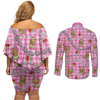 Pink Palaka Hawaii Mele Kalikimaka Couples Matching Off Shoulder Short Dress and Long Sleeve Button Shirt Ohia Lehua Shell Leis Funny Gingerbread Santa LT14 - Polynesian Pride