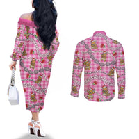 Pink Palaka Hawaii Mele Kalikimaka Couples Matching Off The Shoulder Long Sleeve Dress and Long Sleeve Button Shirt Ohia Lehua Shell Leis Funny Gingerbread Santa LT14 - Polynesian Pride