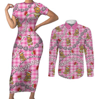 Pink Palaka Hawaii Mele Kalikimaka Couples Matching Short Sleeve Bodycon Dress and Long Sleeve Button Shirt Ohia Lehua Shell Leis Funny Gingerbread Santa LT14 Pink - Polynesian Pride