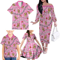 Pink Palaka Hawaii Mele Kalikimaka Family Matching Off The Shoulder Long Sleeve Dress and Hawaiian Shirt Ohia Lehua Shell Leis Funny Gingerbread Santa LT14 - Polynesian Pride