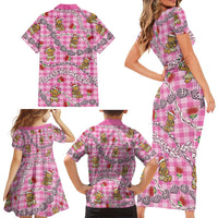 Pink Palaka Hawaii Mele Kalikimaka Family Matching Short Sleeve Bodycon Dress and Hawaiian Shirt Ohia Lehua Shell Leis Funny Gingerbread Santa LT14 - Polynesian Pride