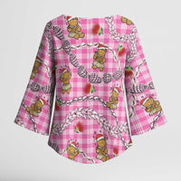 Pink Palaka Hawaii Mele Kalikimaka Kimono Sleeve Blouse Ohia Lehua Shell Leis Funny Gingerbread Santa LT14 - Polynesian Pride