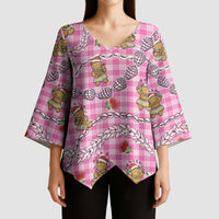 Pink Palaka Hawaii Mele Kalikimaka Kimono Sleeve Blouse Ohia Lehua Shell Leis Funny Gingerbread Santa LT14 - Polynesian Pride