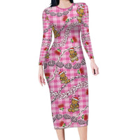 Pink Palaka Hawaii Mele Kalikimaka Long Sleeve Bodycon Dress Ohia Lehua Shell Leis Funny Gingerbread Santa LT14 Long Dress Pink - Polynesian Pride