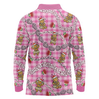Pink Palaka Hawaii Mele Kalikimaka Long Sleeve Polo Shirt Ohia Lehua Shell Leis Funny Gingerbread Santa LT14 - Polynesian Pride