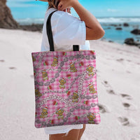 Pink Palaka Hawaii Mele Kalikimaka Tote Bag Ohia Lehua Shell Leis Funny Gingerbread Santa - Polynesian Pride