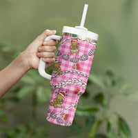 Pink Palaka Hawaii Mele Kalikimaka Tumbler With Handle Ohia Lehua Shell Leis Funny Gingerbread Santa LT14 - Polynesian Pride