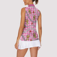 Pink Palaka Hawaii Mele Kalikimaka Women Sleeveless Polo Shirt Ohia Lehua Shell Leis Funny Gingerbread Santa LT14 - Polynesian Pride