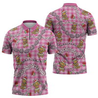 Pink Palaka Hawaii Mele Kalikimaka Zipper Polo Shirt Ohia Lehua Shell Leis Funny Gingerbread Santa LT14 - Polynesian Pride
