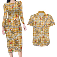 Gold Palaka Hawaii Mele Kalikimaka Couples Matching Long Sleeve Bodycon Dress and Hawaiian Shirt Ohia Lehua Shell Leis Funny Gingerbread Santa LT14 Gold - Polynesian Pride