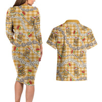 Gold Palaka Hawaii Mele Kalikimaka Couples Matching Long Sleeve Bodycon Dress and Hawaiian Shirt Ohia Lehua Shell Leis Funny Gingerbread Santa LT14 - Polynesian Pride