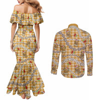 Gold Palaka Hawaii Mele Kalikimaka Couples Matching Mermaid Dress and Long Sleeve Button Shirt Ohia Lehua Shell Leis Funny Gingerbread Santa LT14 - Polynesian Pride
