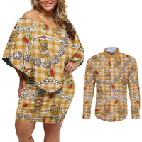 Gold Palaka Hawaii Mele Kalikimaka Couples Matching Off Shoulder Short Dress and Long Sleeve Button Shirt Ohia Lehua Shell Leis Funny Gingerbread Santa LT14 Gold - Polynesian Pride