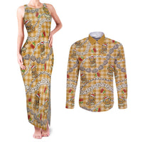 Gold Palaka Hawaii Mele Kalikimaka Couples Matching Tank Maxi Dress and Long Sleeve Button Shirt Ohia Lehua Shell Leis Funny Gingerbread Santa LT14 Gold - Polynesian Pride