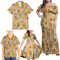 Gold Palaka Hawaii Mele Kalikimaka Family Matching Off Shoulder Maxi Dress and Hawaiian Shirt Ohia Lehua Shell Leis Funny Gingerbread Santa LT14 - Polynesian Pride