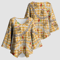 Gold Palaka Hawaii Mele Kalikimaka Kimono Sleeve Blouse Ohia Lehua Shell Leis Funny Gingerbread Santa LT14 - Polynesian Pride