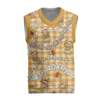 Gold Palaka Hawaii Mele Kalikimaka Christmas Knitted V-Neck Vest Ohia Lehua Shell Leis Funny Gingerbread Santa LT14 Gold - Polynesian Pride