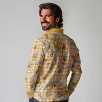 Gold Palaka Hawaii Mele Kalikimaka Long Sleeve Polo Shirt Ohia Lehua Shell Leis Funny Gingerbread Santa LT14 - Polynesian Pride