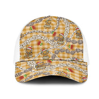 Gold Palaka Hawaii Mele Kalikimaka Mesh Trucker Cap Ohia Lehua Shell Leis Funny Gingerbread Santa - Polynesian Pride
