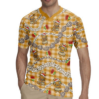 Gold Palaka Hawaii Mele Kalikimaka Rugby Jersey Ohia Lehua Shell Leis Funny Gingerbread Santa - Polynesian Pride