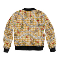 Gold Palaka Hawaii Mele Kalikimaka Sleeve Zip Bomber Jacket Ohia Lehua Shell Leis Funny Gingerbread Santa - Polynesian Pride