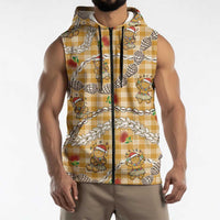 Gold Palaka Hawaii Mele Kalikimaka Sleeveless Zip Hoodie Ohia Lehua Shell Leis Funny Gingerbread Santa LT14 - Polynesian Pride