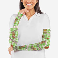 Green Palaka Hawaii Mele Kalikimaka Arm Sleeves Ohia Lehua Shell Leis Funny Gingerbread Santa - Polynesian Pride