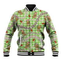 Green Palaka Hawaii Mele Kalikimaka Baseball Jacket Ohia Lehua Shell Leis Funny Gingerbread Santa - Polynesian Pride
