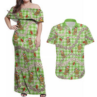 Green Palaka Hawaii Mele Kalikimaka Couples Matching Off Shoulder Maxi Dress and Hawaiian Shirt Ohia Lehua Shell Leis Funny Gingerbread Santa LT14 Green - Polynesian Pride