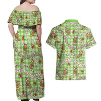 Green Palaka Hawaii Mele Kalikimaka Couples Matching Off Shoulder Maxi Dress and Hawaiian Shirt Ohia Lehua Shell Leis Funny Gingerbread Santa LT14 - Polynesian Pride