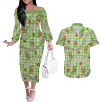 Green Palaka Hawaii Mele Kalikimaka Couples Matching Off The Shoulder Long Sleeve Dress and Hawaiian Shirt Ohia Lehua Shell Leis Funny Gingerbread Santa LT14 Green - Polynesian Pride