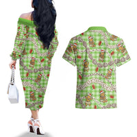 Green Palaka Hawaii Mele Kalikimaka Couples Matching Off The Shoulder Long Sleeve Dress and Hawaiian Shirt Ohia Lehua Shell Leis Funny Gingerbread Santa LT14 - Polynesian Pride